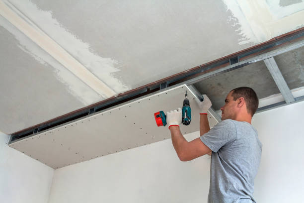 Young man in usual clothing and work gloves fixing drywall suspended ceiling to metal frame using electrical screwdriver on ceiling insulated with shiny aluminum foil. DIY, do it yourself concept. Young man in usual clothing and work gloves fixing drywall suspended ceiling to metal frame using electrical screwdriver on ceiling insulated with shiny aluminum foil. DIY, do it yourself concept. drywall hanging stock pictures, royalty-free photos & images